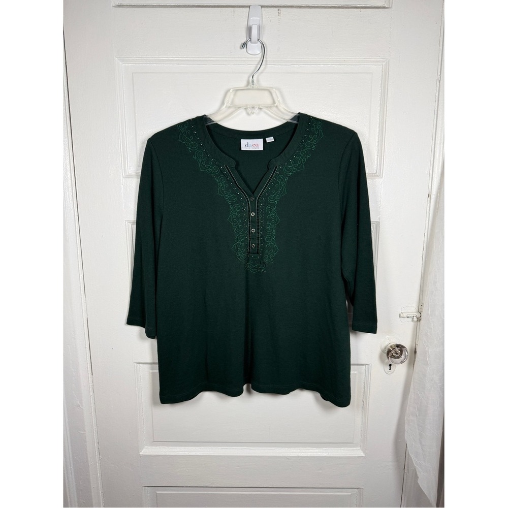 Denim&Co. Forest Green Embroidered Bead Embellished Henley Thermal Top Cotton XL